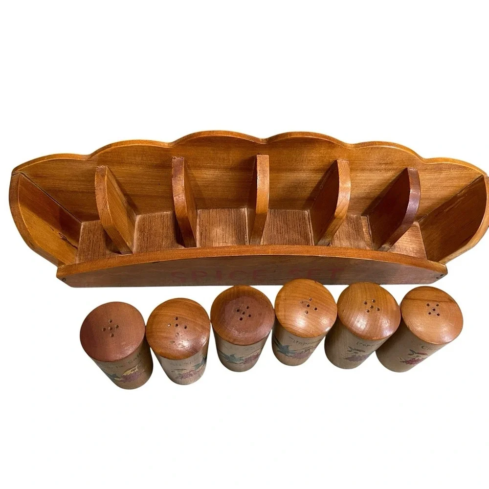 Vintage Wooden Spice Rack Rooster 6 Spice Containers Decor